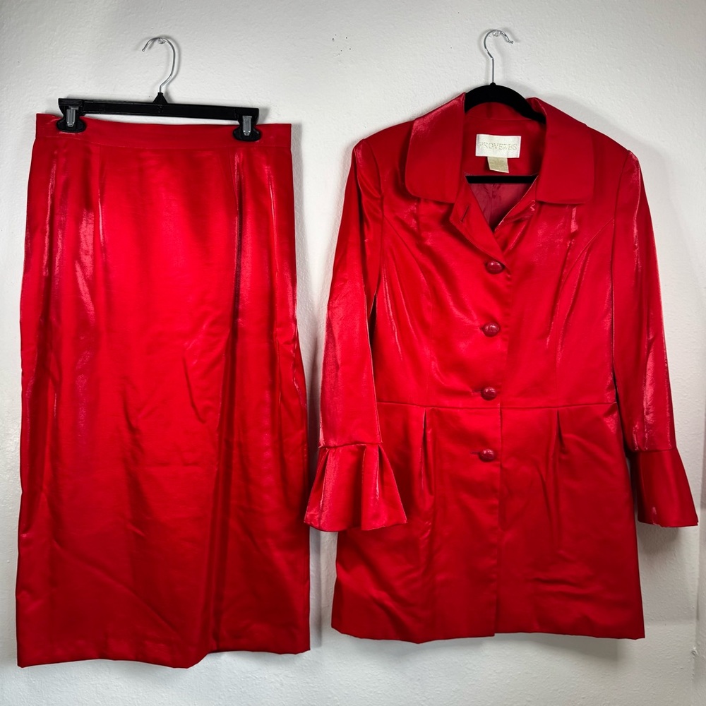 Proverbs Women's Skirt Suit Red Formal Church Size 12 Cire Look Bell Cuffs VTG